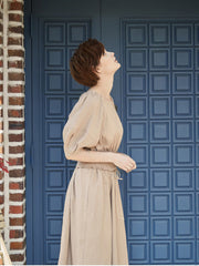Smocked Waist Linen Midi Dress with Puff Sleeves and Back Zipper