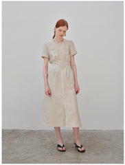 V-Neck Button-Down Linen Midi Dress with Fitted Waist and Short Sleeves