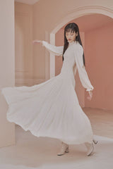 Doreen High Neck Long Bishop Sleeves Shirred Tiered Maxi Dress