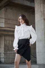 Mona Long Bishop Sleeve High Neck Frill Silk Blouse