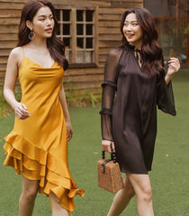 Silk Asymmetrical Ruffle Midi Dress with Spaghetti Straps