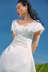 Off Shoulder Ruched Linen Dress with Soft Draped Bodice and Flowy Skirt