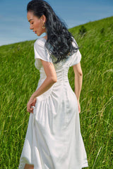 Off Shoulder Ruched Linen Dress with Soft Draped Bodice and Flowy Skirt