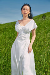 Off Shoulder Ruched Linen Dress with Soft Draped Bodice and Flowy Skirt