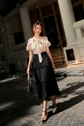 Layered Organza Midi Skirt with Pleated Tiers and High Waist for Elegant Everyday Styling