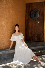 Off-Shoulder Pleated Midi Dress in Lightweight Silk with Fitted Waist and Button Detail