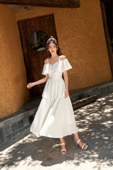 Off-Shoulder Pleated Midi Dress in Lightweight Silk with Fitted Waist and Button Detail