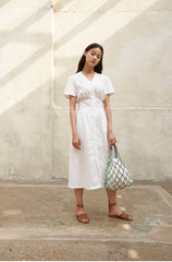 Linen Midi Dress with V-Neck, Button Front, and Cut-Out Back Detail