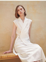 Sleeveless Wrap Midi Dress in Premium Linen with Belted Waist