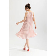 Silk Pleated Halter Midi Dress with High Neckline and Flowing A-Line Silhouette