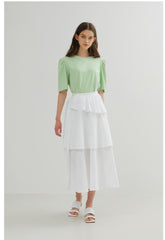 Tiered Linen Midi Skirt with Ruffle Peplum and Side Tie Detail