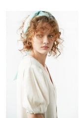 Button-Front Puff Sleeve Linen Dress with Waist Tie