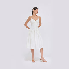 Sleeveless silk organza midi dress with corset bodice and gathered full skirt design