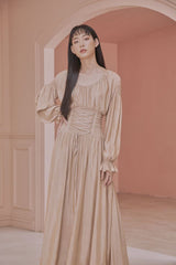 Julie Boat Neck Long Bishop Sleeves Lace Up Maxi Dress