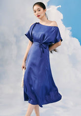One-Shoulder Silk Midi Dress with Waist Tie and Flowing Skirt