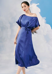 One-Shoulder Silk Midi Dress with Waist Tie and Flowing Skirt