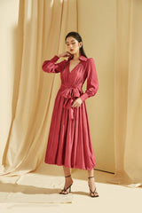 Silk Midi Dress with Pleated Skirt, Tie Waist, and Collared V-Neckline for Refined Styling