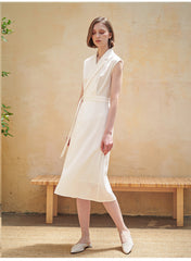 Sleeveless Wrap Midi Dress in Premium Linen with Belted Waist