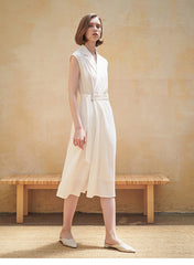 Sleeveless Wrap Midi Dress in Premium Linen with Belted Waist