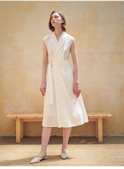 Sleeveless Wrap Midi Dress in Premium Linen with Belted Waist