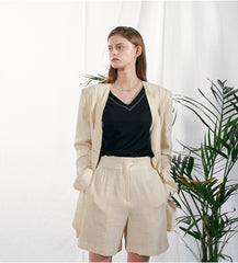 Tailored Linen Blazer with Asymmetric Button Detail and Elongated Silhouette
