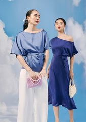 One-Shoulder Silk Midi Dress with Waist Tie and Flowing Skirt