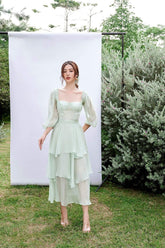 Francisca Sweetheart Neck Bishop Sleeves Layered Midi Dress