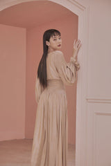 Julie Boat Neck Long Bishop Sleeves Lace Up Maxi Dress