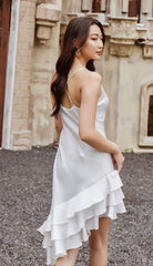 Asymmetric Hem Silk Dress with Draped Cowl Neckline