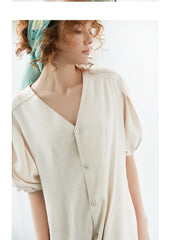 Button-Front Puff Sleeve Linen Dress with Waist Tie