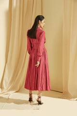 Silk Midi Dress with Pleated Skirt, Tie Waist, and Collared V-Neckline for Refined Styling