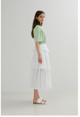 Tiered Linen Midi Skirt with Ruffle Peplum and Side Tie Detail