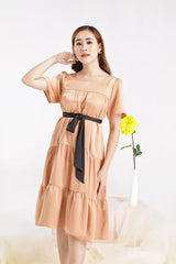 Tiered A-Line Midi Dress in Silk with Square Neckline