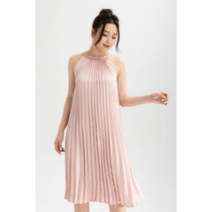 Silk Pleated Halter Midi Dress with High Neckline and Flowing A-Line Silhouette