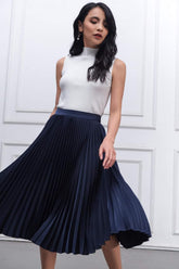 Pleated A-line midi skirt in fluid silk with high waist and elegant drape