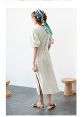 Button-Front Puff Sleeve Linen Dress with Waist Tie