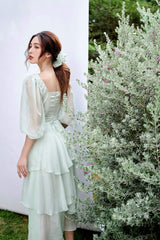 Francisca Sweetheart Neck Bishop Sleeves Layered Midi Dress