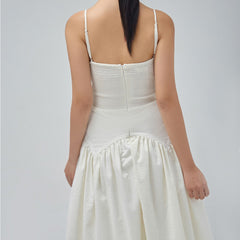 Sleeveless silk organza midi dress with corset bodice and gathered full skirt design