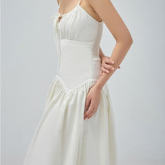 Sleeveless silk organza midi dress with corset bodice and gathered full skirt design