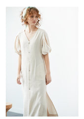 Button-Front Puff Sleeve Linen Dress with Waist Tie