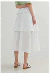 Tiered Linen Midi Skirt with Ruffle Peplum and Side Tie Detail