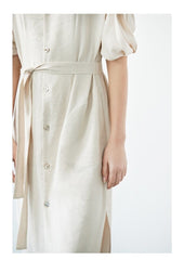Button-Front Puff Sleeve Linen Dress with Waist Tie