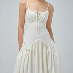 Sleeveless silk organza midi dress with corset bodice and gathered full skirt design