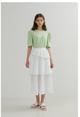Tiered Linen Midi Skirt with Ruffle Peplum and Side Tie Detail