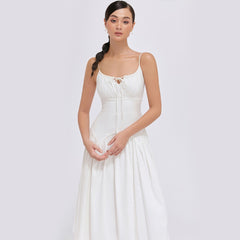 Sleeveless silk organza midi dress with corset bodice and gathered full skirt design