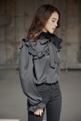 Mona Long Bishop Sleeve High Neck Frill Silk Blouse