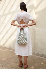 Linen Midi Dress with V-Neck, Button Front, and Cut-Out Back Detail