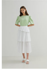 Tiered Linen Midi Skirt with Ruffle Peplum and Side Tie Detail