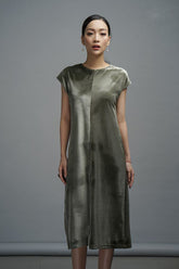 Velvet cap-sleeve midi dress with center seam detail and minimalist A-line silhouette