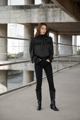 Mona Long Bishop Sleeve High Neck Frill Silk Blouse